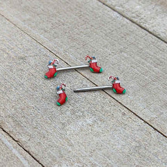 14G 9/16 Cheery Christmas Stocking Red Barbell Nipple Ring Set