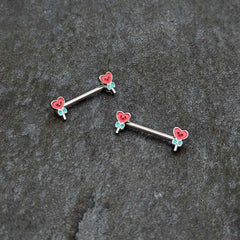 14G 9/16 Sweet Happy Heart Lollipop Barbell Nipple Ring Set