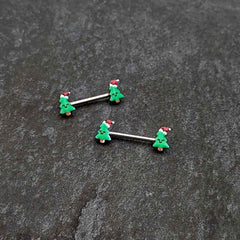 14G 9/16 Happy Christmas Tree Hat Barbell Nipple Ring Set