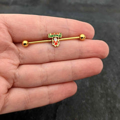 14G Gold Hue Merry Christmas Santa Inlaid Industrial Barbell 38mm