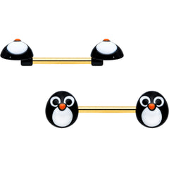 14G 9/16 Gold Tone Round Penguin Face Barbell Nipple Ring Set