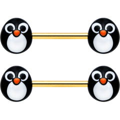 14G 9/16 Gold Tone Round Penguin Face Barbell Nipple Ring Set
