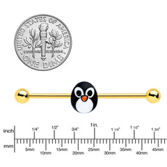 14G Gold Tone Round Penguin Face Holiday Industrial Barbell 38mm