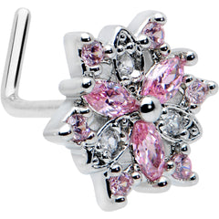 20G 7mm Pink Clear CZ Gem Snowflake L Shape Nose Ring