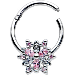 16G 3/8 Clear Pink CZ Gem Snowflake Hinged Circular Ring