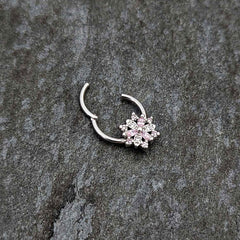 16G 3/8 Clear Pink CZ Gem Snowflake Hinged Circular Ring