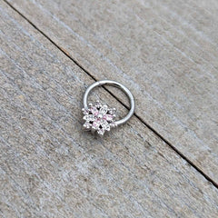 16G 3/8 Clear Pink CZ Gem Snowflake Hinged Circular Ring