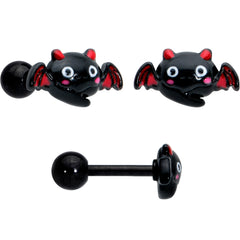 16G 1/4 Black Halloween Skull Bat Reaper Cartilage Earring Set of 3