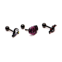16G 1/4 Black Halloween Skull Bat Reaper Cartilage Earring Set of 3