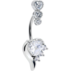 Clear CZ Gem Triple Drop Flare Heart Valentine Double Mount Belly Ring
