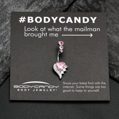 Pink CZ Gem Triple Drop Flare Heart Valentine Double Mount Belly Ring