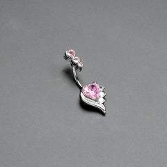 Pink CZ Gem Triple Drop Flare Heart Valentine Double Mount Belly Ring