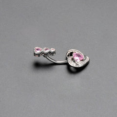 Pink CZ Gem Triple Drop Swirl Heart Valentine Double Mount Belly Ring