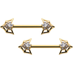 14G 5/8 Clear Gem Gold Tone Spider Bat Barbell Nipple Ring Set