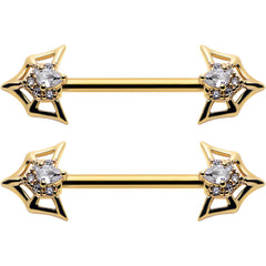 14G 5/8 Clear Gem Gold Tone Spider Bat Barbell Nipple Ring Set