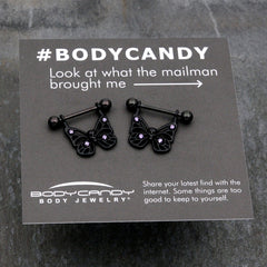 14G 11/16 Purple CZ Gem Black Skull Butterfly Dangle Nipple Ring Set