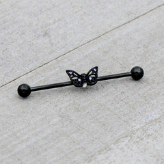 14G Purple CZ Gem Black Skull Butterfly Industrial Barbell 38mm