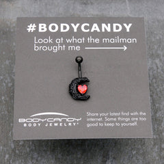 Red CZ Gem Black Scroll Moon Heart Belly Ring