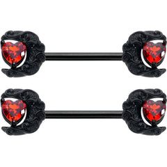 14G 9/16 Red CZ Gem Black Scroll Moon Heart Barbell Nipple Ring Set