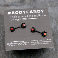 14G 9/16 Red CZ Gem Black Scroll Moon Heart Barbell Nipple Ring Set