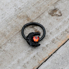 16G 3/8 Red CZ Gem Black Scroll Moon Heart Hinged Segment Ring