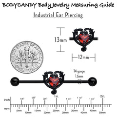 14G Red CZ Gem Black Passion Heart Industrial Barbell 38mm