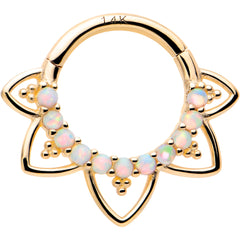 16G 5/16 White Synthetic Opal 14k Yellow Gold Filigree Hinged Segment Ring