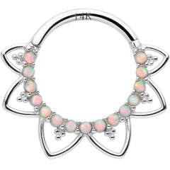 16G 3/8 White Synthetic Opal 14k White Gold Filigree Hinged Segment Ring