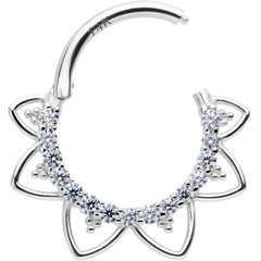 16G 3/8 Clear CZ Gem 14k White Gold Filigree Hinged Segment Ring
