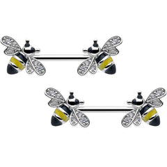 14G 9/16 Clear CZ Gem Honey Bees Barbell Nipple Ring Set