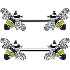 14G 9/16 Clear CZ Gem Honey Bees Barbell Nipple Ring Set