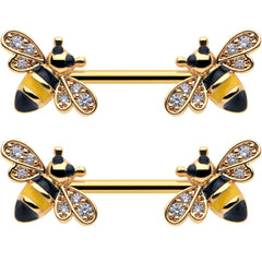 14G 9/16 Clear CZ Gem Gold Hue Honey Bees Barbell Nipple Ring Set