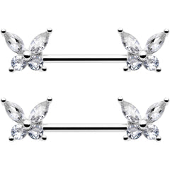 14G 9/16 Clear CZ Gem Butterflies Barbell Nipple Ring Set