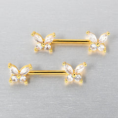 14G 9/16 Clear CZ Gem Gold Tone Butterflies Barbell Nipple Ring Set