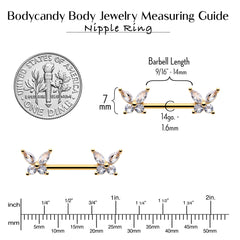 14G 9/16 Clear CZ Gem Gold Tone Butterflies Barbell Nipple Ring Set