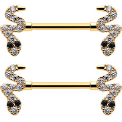 14G 9/16 Clear Black CZ Gem Gold Tone Sexy Snakes Nipple Ring Set