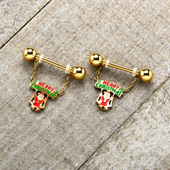 14G 9/16 Gold Tone Santa Merry Christmas Dangle Nipple Ring Set