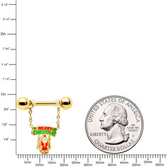 14G 9/16 Gold Tone Santa Merry Christmas Dangle Nipple Ring Set