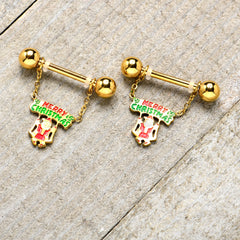 14G 9/16 Gold Tone Santa Merry Christmas Dangle Nipple Ring Set