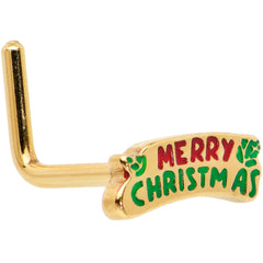 20G 7mm Gold Tone Merry Christmas Inlaid L Shape Nose Ring