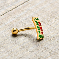 16G 5/16 Gold Tone Merry Christmas Inlay Curved Barbell Ring