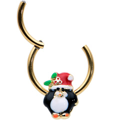 16G 3/8 Gold Tone Holly Hat Penguin Holiday Hinged Segment Ring
