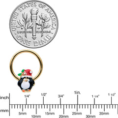 16G 3/8 Gold Tone Holly Hat Penguin Holiday Hinged Segment Ring