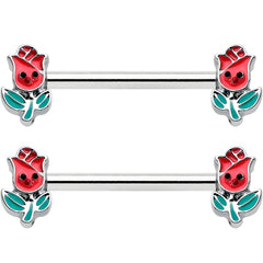 14G 9/16 Sweet Happy Rose Flower Barbell Nipple Ring Set