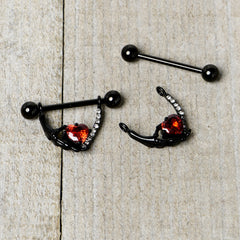 14G 11/16 Red Clear CZ Gem Heart Claw Hand Dangle Nipple Ring Set
