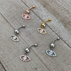 Pink Clear Gem Rose Gold Tone Wide Eye Dangle Belly Ring