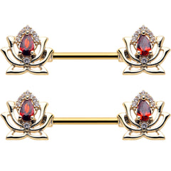 14G 9/16 Red Gem Gold Tone Royal Lotus Barbell Nipple Ring Set