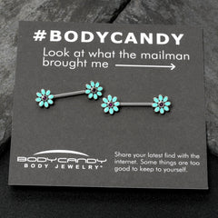 14G 9/16 Blue Faux Opal Flower Teal Petals Barbell Nipple Ring Set