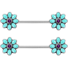 14G 9/16 Blue Faux Opal Flower Teal Petals Barbell Nipple Ring Set