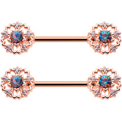 14G 9/16 Vitrail Gem Rosy Hue Flower Barbell Nipple Ring Set